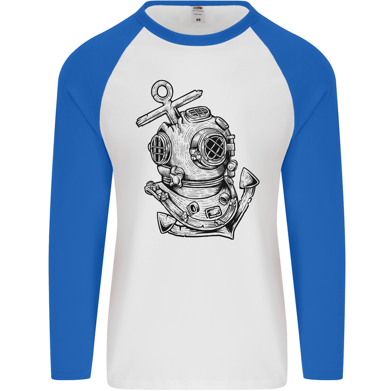 Scuba Diving Anchor Diver Sailing Sailor Mens L/S Baseball T-Shirt White/Royal Blue