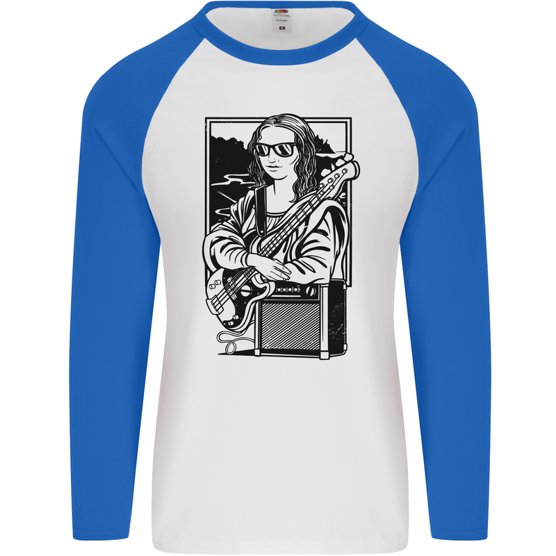 Electric Guitar Mona Lisa Rock Music Player Mens L/S Baseball T-Shirt White/Royal Blue