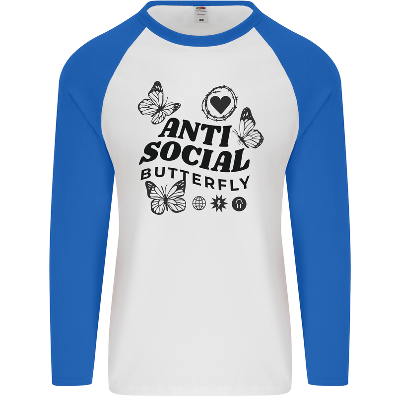 Antisocial Butterfly Mens L/S Baseball T-Shirt White/Royal Blue