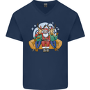 Santa Claus Chilling With Reindeers Christmas Xmas Mens V-Neck Cotton T-Shirt Navy Blue