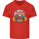 Santa Claus Chilling With Reindeers Christmas Xmas Mens V-Neck Cotton T-Shirt Red