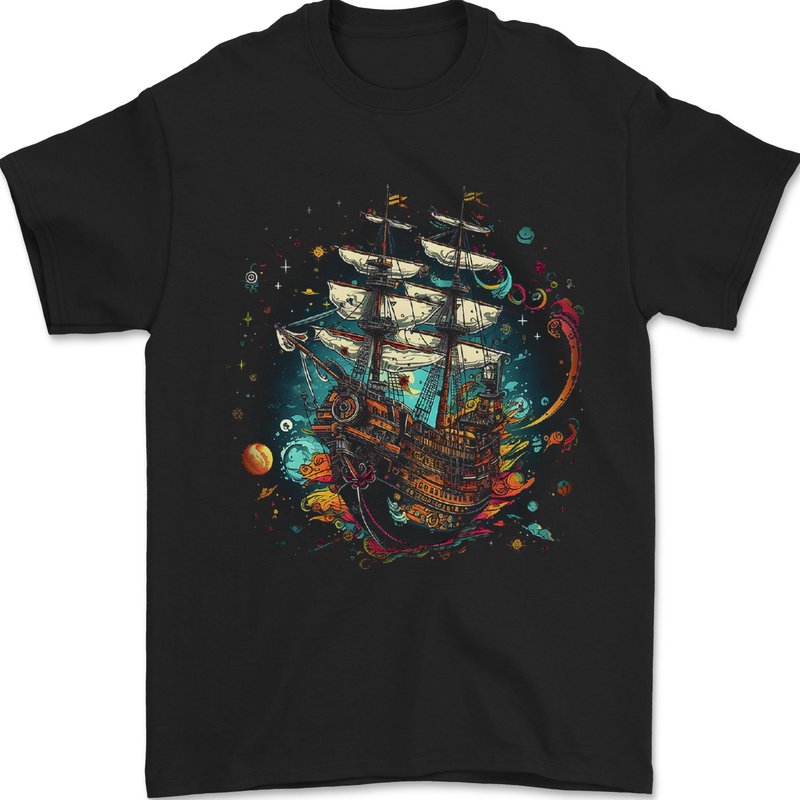 Space Ship Fantasy Galleon Sailing Sailor Mens T-Shirt 100% Cotton Black