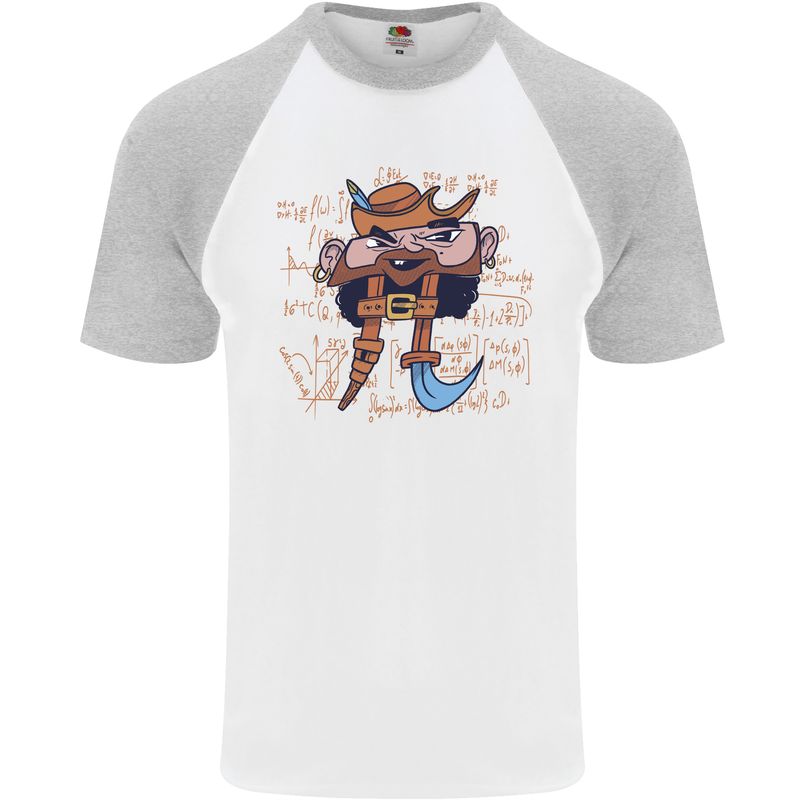 Pi Pirate Funny Maths Equation Geek Nerd Mens S/S Baseball T-Shirt White/Sports Grey