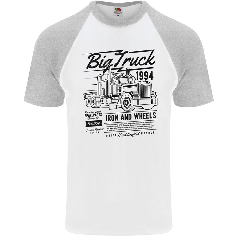 HGV Driver Big Truck Lorry Mens S/S Baseball T-Shirt White/Sports Grey