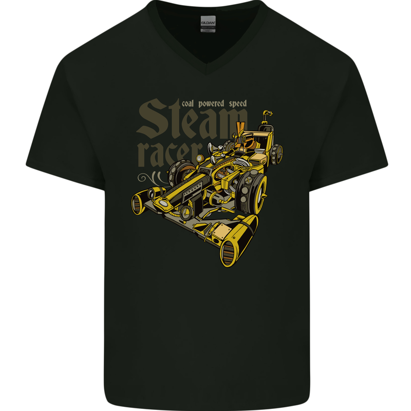 Steampunk Motorsports Racing Car Mens V-Neck Cotton T-Shirt Black