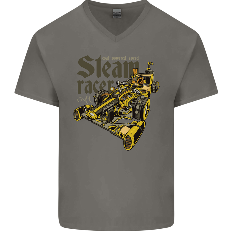 Steampunk Motorsports Racing Car Mens V-Neck Cotton T-Shirt Charcoal