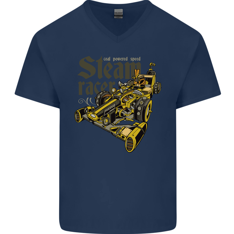 Steampunk Motorsports Racing Car Mens V-Neck Cotton T-Shirt Navy Blue