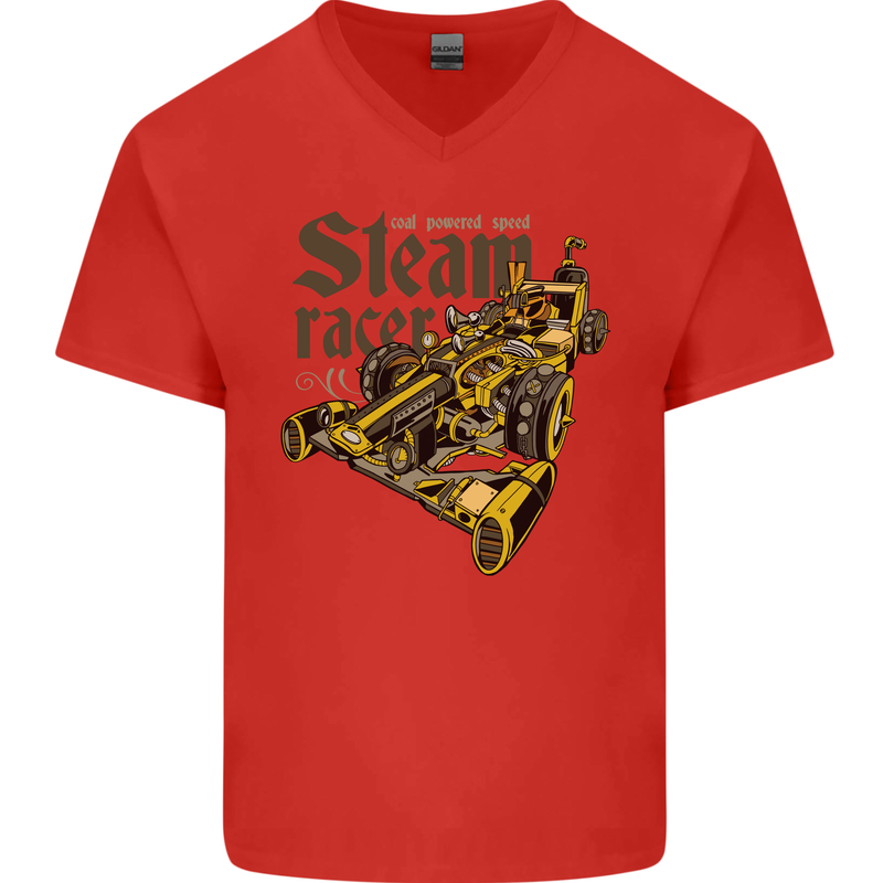 Steampunk Motorsports Racing Car Mens V-Neck Cotton T-Shirt Red