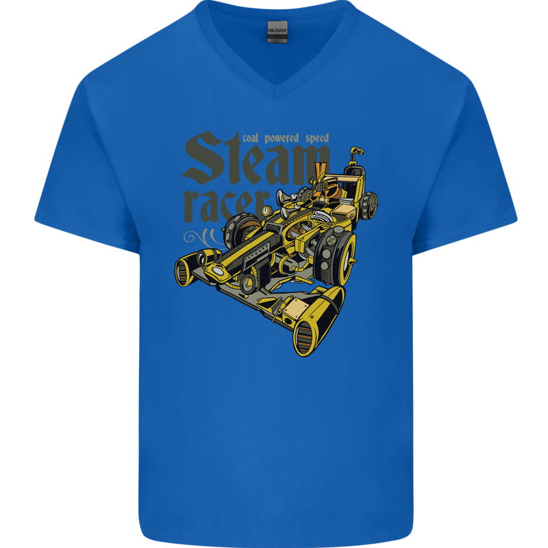 Steampunk Motorsports Racing Car Mens V-Neck Cotton T-Shirt Royal Blue