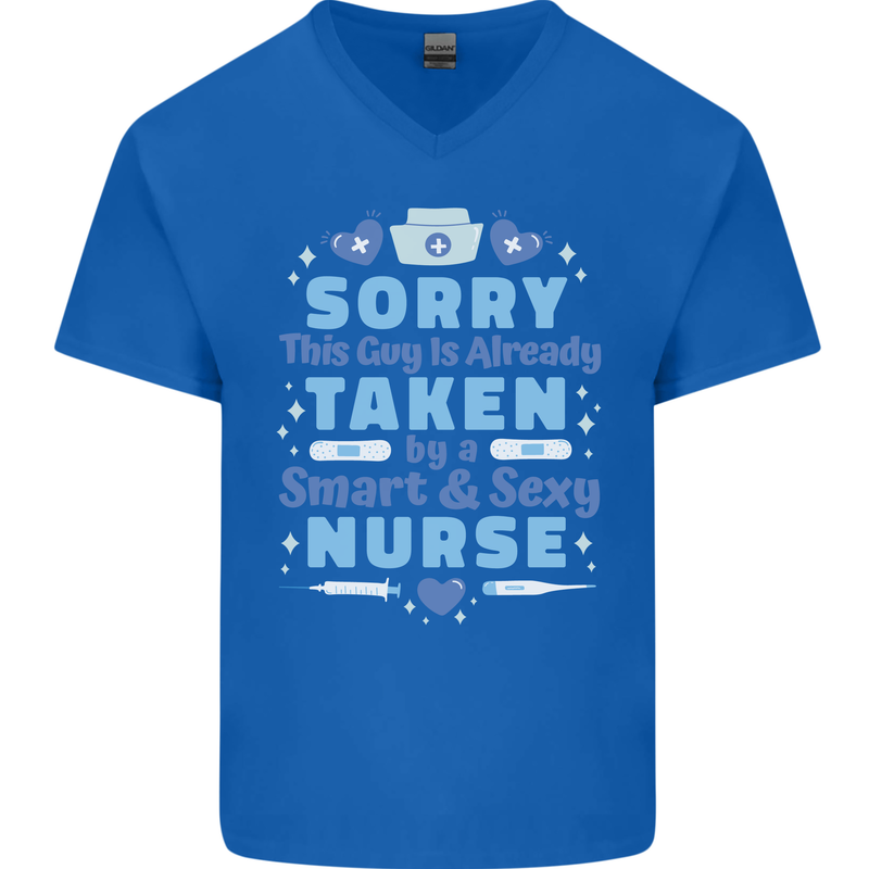 Taken By a Smart Nurse Funny Valentines Day Mens V-Neck Cotton T-Shirt Royal Blue