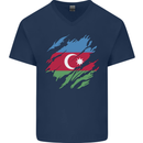 Torn Azerbaijan Flag Azerbaijani Day Football Mens V-Neck Cotton T-Shirt Navy Blue