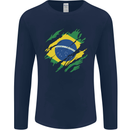 Torn Brazil Flag Brazilian Day Football Mens Long Sleeve T-Shirt Navy Blue