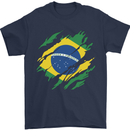 Torn Brazil Flag Brazilian Day Football Mens T-Shirt 100% Cotton Navy Blue