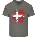 Torn Denmark Flag Danish Day Football Mens V-Neck Cotton T-Shirt Charcoal