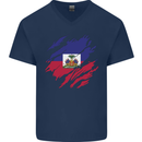 Torn Haiti Flag Haitian Day Football Mens V-Neck Cotton T-Shirt Navy Blue