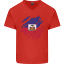 Torn Haiti Flag Haitian Day Football Mens V-Neck Cotton T-Shirt Red