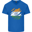 Torn India Flag Indian Day Football Mens V-Neck Cotton T-Shirt Royal Blue