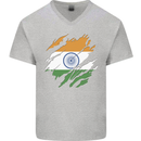 Torn India Flag Indian Day Football Mens V-Neck Cotton T-Shirt Sports Grey