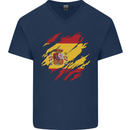 Torn Spain Flag Spanish Day Football Mens V-Neck Cotton T-Shirt Navy Blue