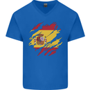 Torn Spain Flag Spanish Day Football Mens V-Neck Cotton T-Shirt Royal Blue