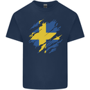 Torn Swedish Flag Sweden Day Football Mens Cotton T-Shirt Tee Top Navy Blue