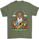 Trippy Guitar Hippy Gnome Magic Mushrooms Mens T-Shirt 100% Cotton Military Green