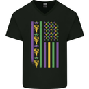 USA Mardi Gras American Flag America Mens V-Neck Cotton T-Shirt Black