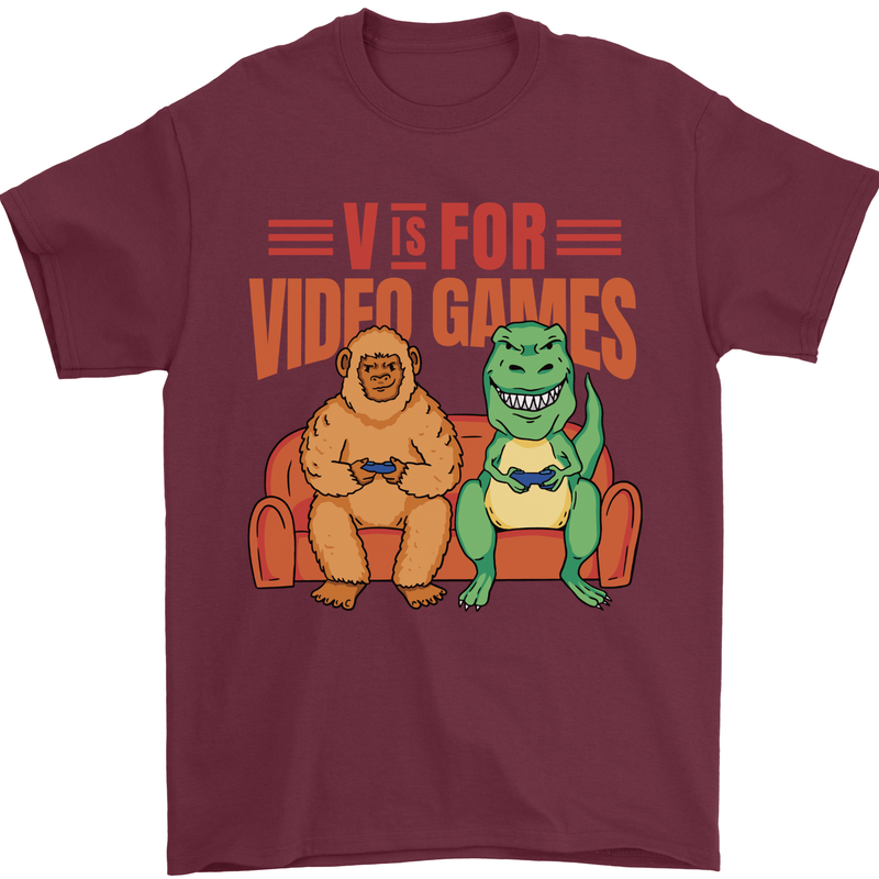 Video Games T-Rex Funny Bigfoot Dinosaur Mens T-Shirt 100% Cotton Maroon