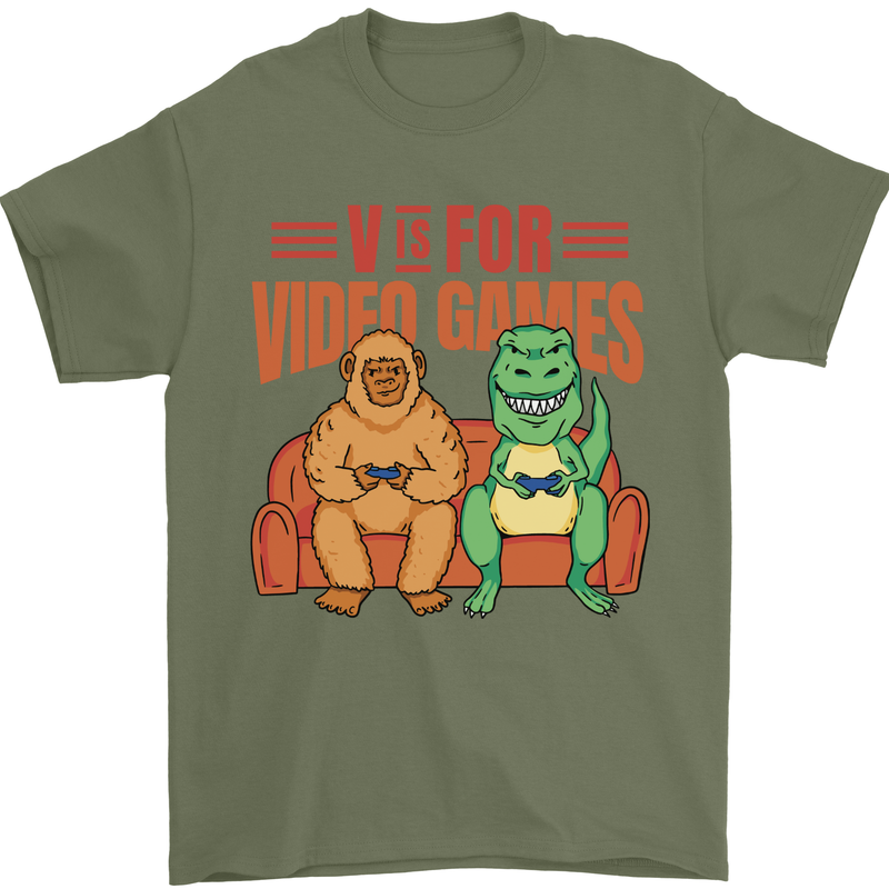 Video Games T-Rex Funny Bigfoot Dinosaur Mens T-Shirt 100% Cotton Military Green