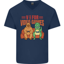 Video Games T-Rex Funny Bigfoot Dinosaur Mens V-Neck Cotton T-Shirt Navy Blue
