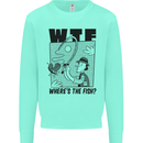 WTF Wheres the Fish Funny Fishing Fisherman Kids Sweatshirt Jumper Peppermint