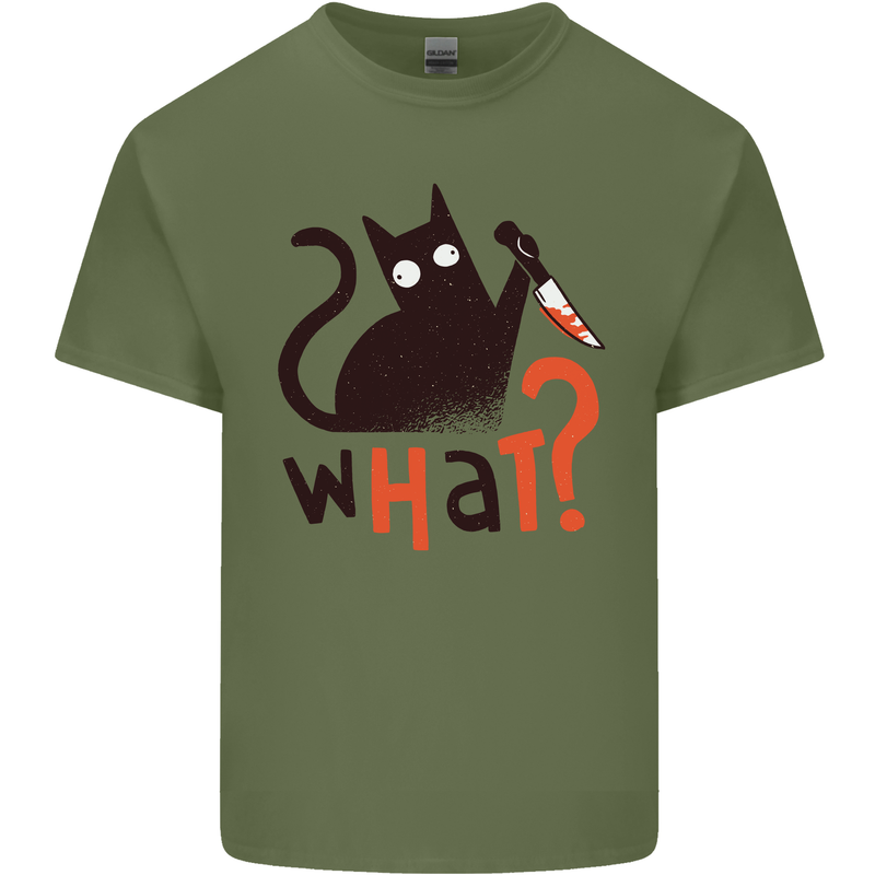 What? Funny Murderous Black Cat Halloween Mens Cotton T-Shirt Tee Top Military Green