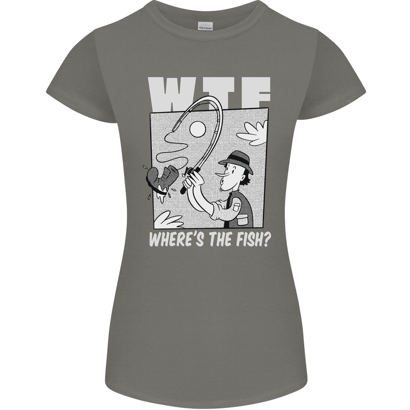Wheres the Fish WTF Funny Fishing Fisherman Womens Petite Cut T-Shirt Charcoal