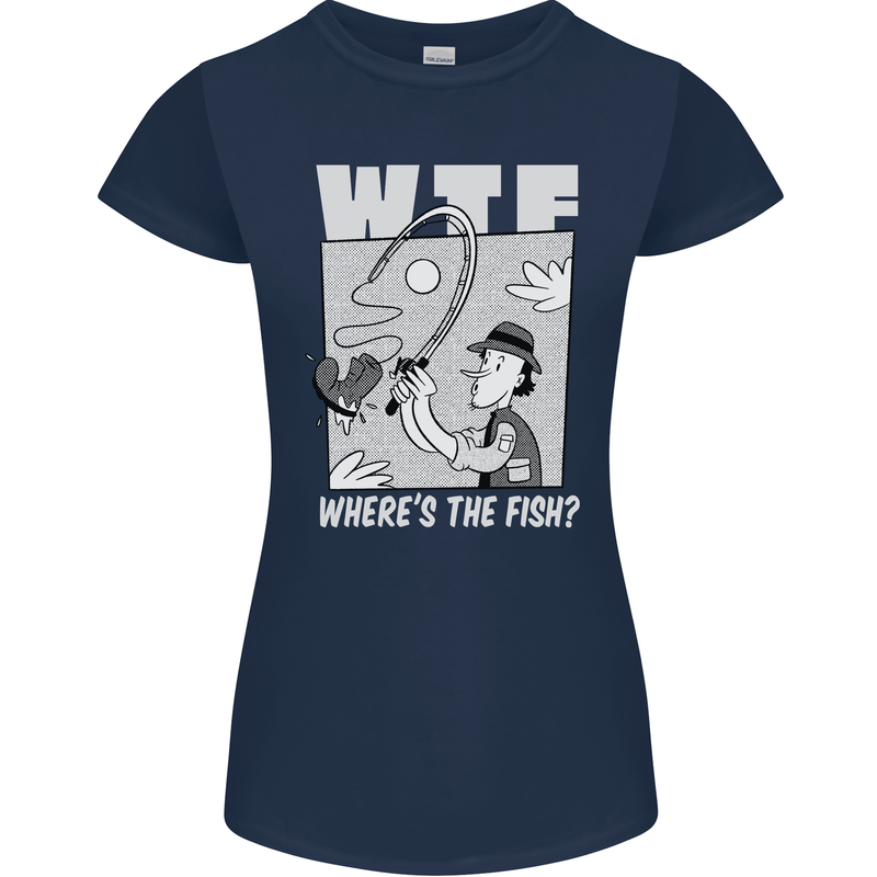 Wheres the Fish WTF Funny Fishing Fisherman Womens Petite Cut T-Shirt Navy Blue