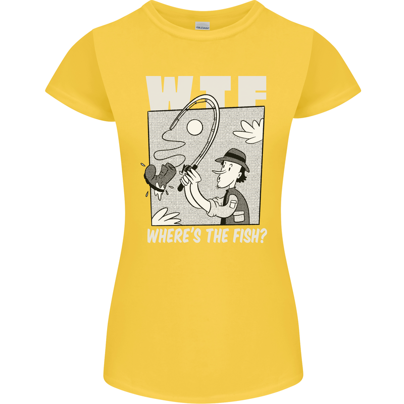 Wheres the Fish WTF Funny Fishing Fisherman Womens Petite Cut T-Shirt Yellow