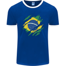 Torn Brazil Flag Brazilian Day Football Mens Ringer T-Shirt FotL Royal Blue/White
