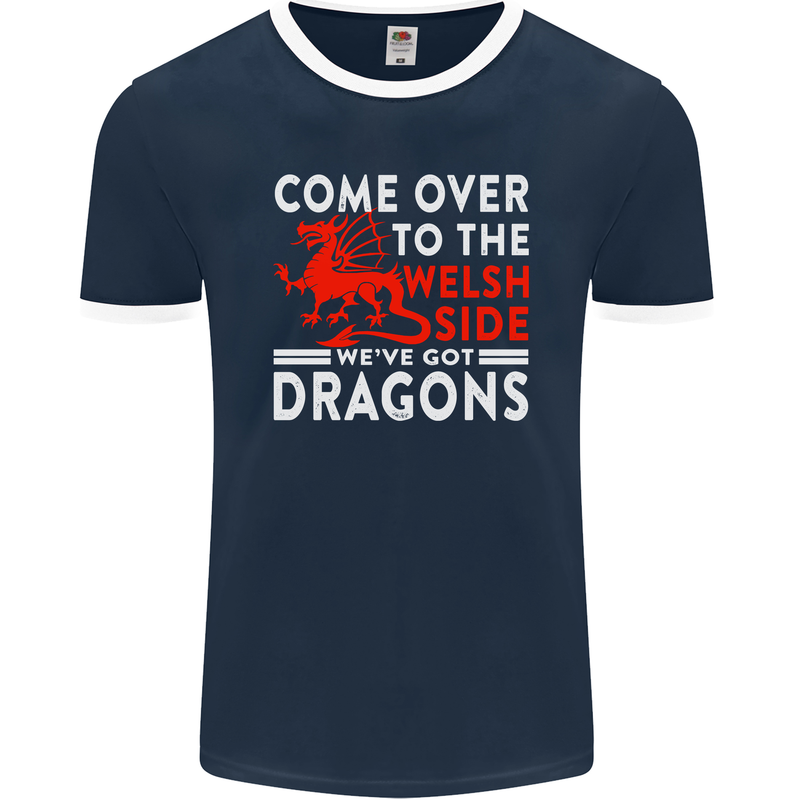 Come to the Welsh Side Dragons Wales Rugby Mens Ringer T-Shirt FotL Navy Blue/White