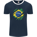 Torn Brazil Flag Brazilian Day Football Mens Ringer T-Shirt FotL Navy Blue/White