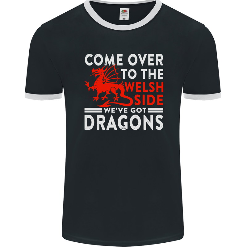 Come to the Welsh Side Dragons Wales Rugby Mens Ringer T-Shirt FotL Black/White