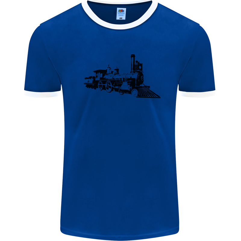 Trains Locomotive Steam Engine Trainspotting Mens Ringer T-Shirt Royal Blue/White