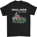 a black t - shirt with an image of a man on a lawn mower