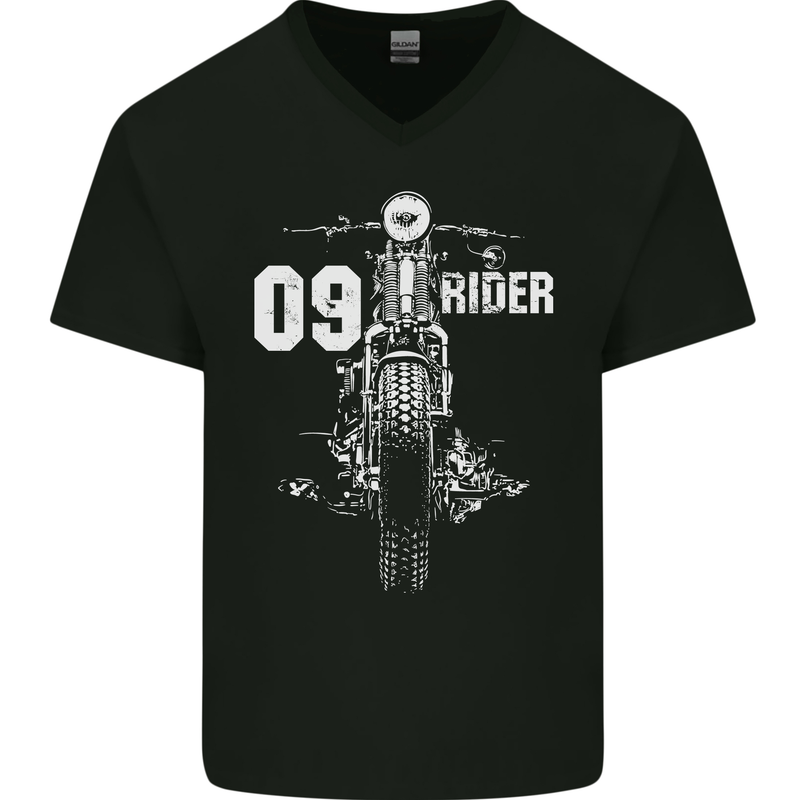 09 Motorbike Rider Biker Motorcycle Mens V-Neck Cotton T-Shirt Black