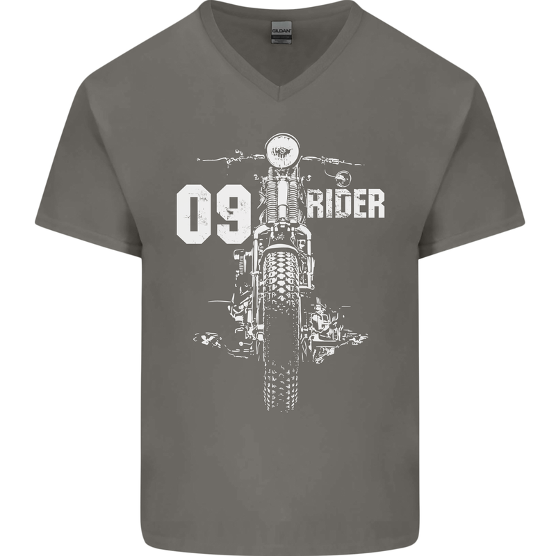 09 Motorbike Rider Biker Motorcycle Mens V-Neck Cotton T-Shirt Charcoal