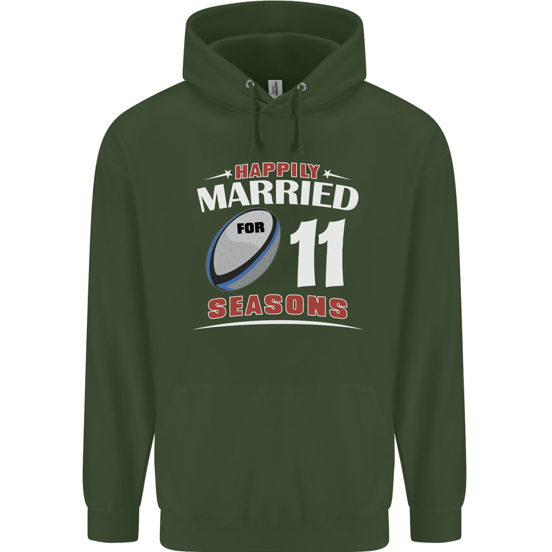 11 Year Wedding Anniversary 11th Rugby Mens 80% Cotton Hoodie Forest Green