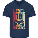 18th Birthday 18 Year Old Level Up Gamming Mens V-Neck Cotton T-Shirt Navy Blue