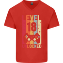 18th Birthday 18 Year Old Level Up Gamming Mens V-Neck Cotton T-Shirt Red