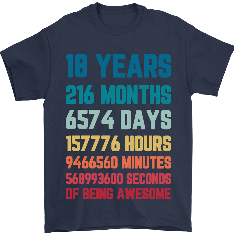 18th Birthday 18 Year Old Mens T-Shirt 100% Cotton Navy Blue
