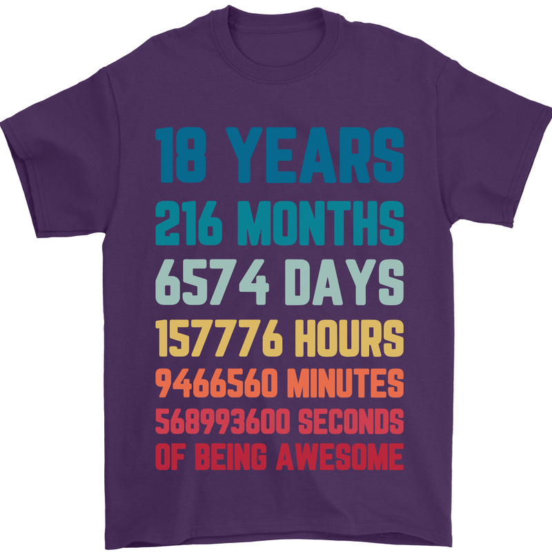 18th Birthday 18 Year Old Mens T-Shirt 100% Cotton Purple