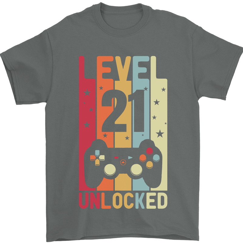 21st Birthday 21 Year Old Level Up Gamming Mens T-Shirt 100% Cotton Charcoal