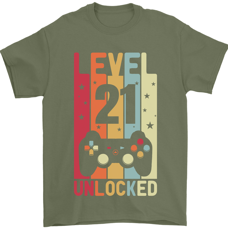 21st Birthday 21 Year Old Level Up Gamming Mens T-Shirt 100% Cotton Military Green